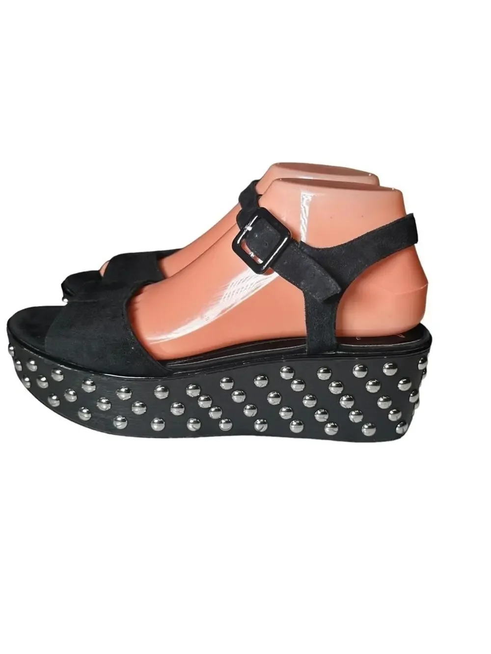 B Brian Atwood Black Suede Franki Studded Platform Wedge Sandals Size 8.5